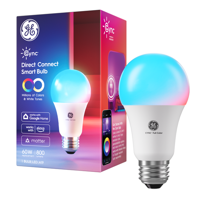 Gync Direct Connect Smart Bulb  
Millions of Colors & White Tones  
Works with Google Home, Alexa, and Matter  
60W | 800 Replacement Lumens  
1 Bulb | LED | A19  

Get Started With the Gync App  
Easily connect to Wi-Fi, set precision colors, and voice control. Works with Google Assistant and Alexa.  

CYNC Full Color