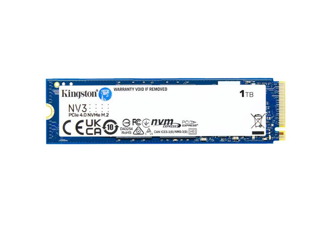 WARRANTY VOID IF REMOVED

Kingston
NV3
PCIe 4.0 NVMe M.2
1TB

CE
UKCA
10

FC
nvm
PCIe
EXPRESS
EXPRESS

D43254
RoHS
CAN ICES-3(B)/NMB-3(B)
V&I

US