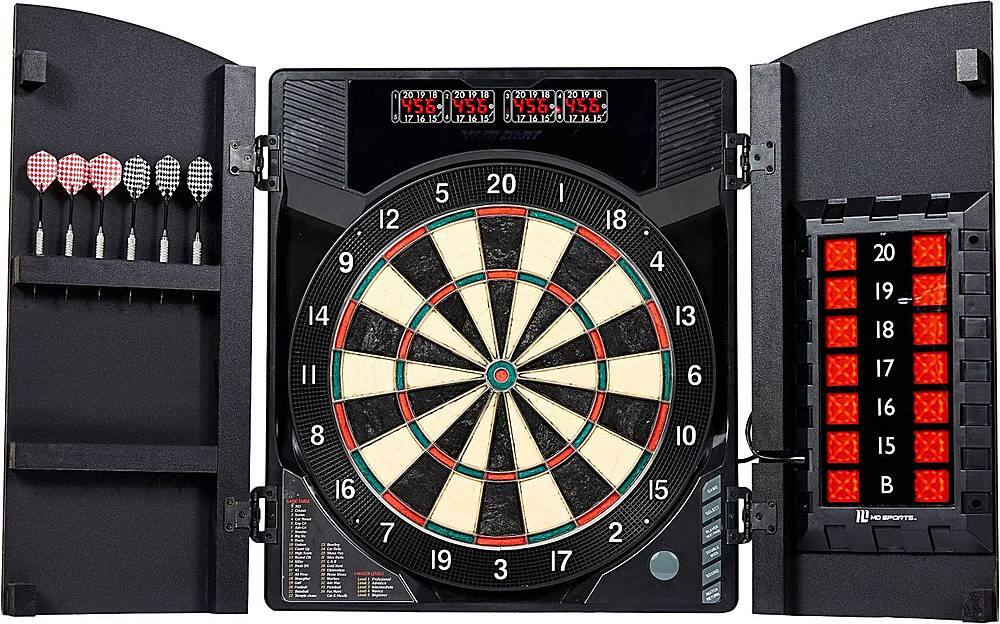 MD Sports - Bristlesmart Smart Dartboard Cabinet With Digital X/O Cricket Scorekeeping and Steel Tip Dart Set - Brown/Black