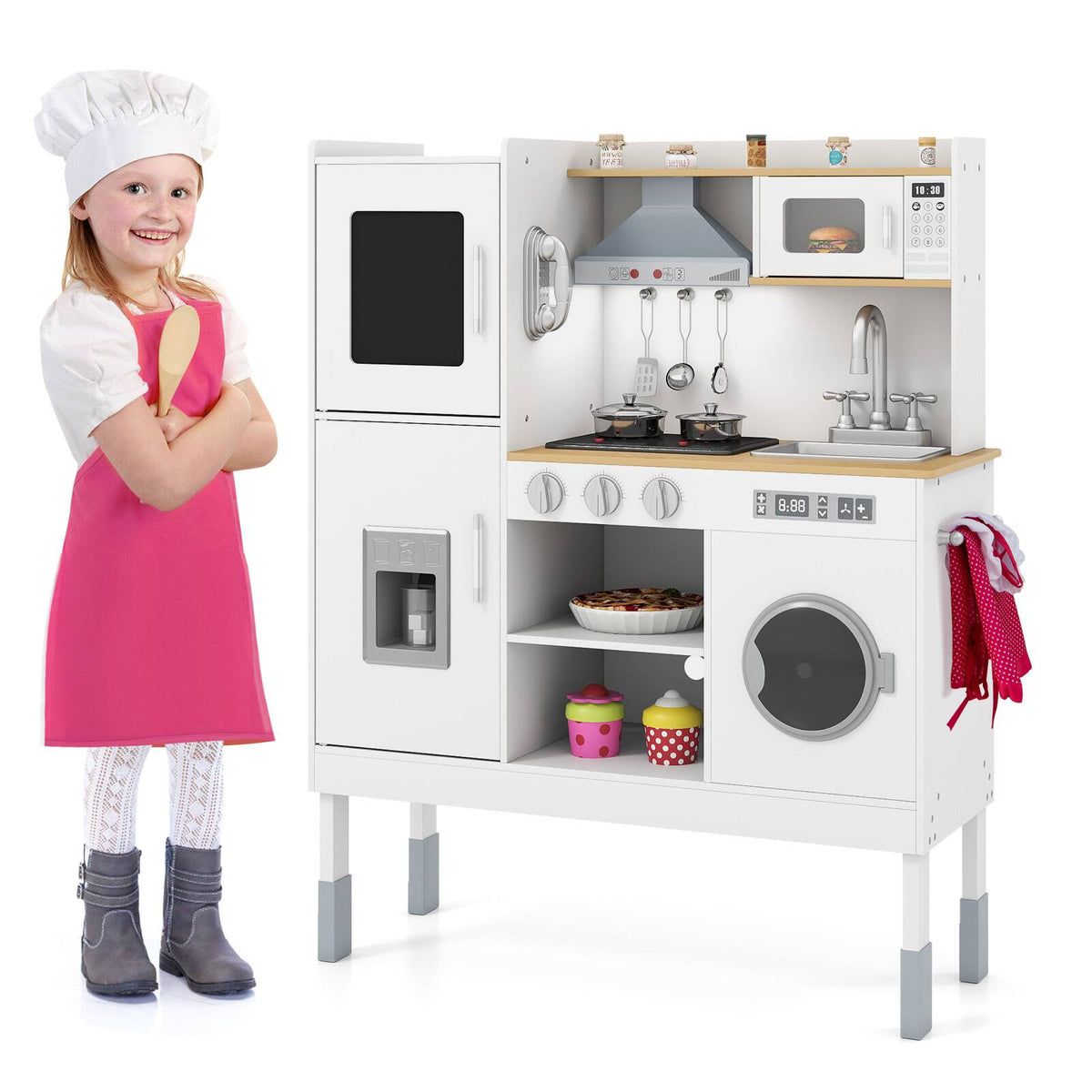 Gymax - Kids Pretend Kitchen Play Set Toddler Toy Wooden Chef Height Adjustable w/Sounds Natural - Yellow