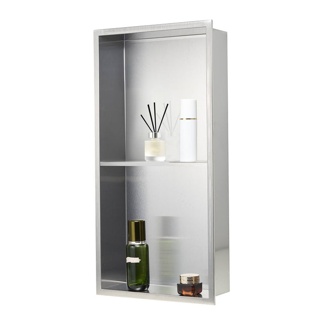 Front. VEVOR - Shower Niche, 13 x 25 x 4 inch Recessed Wall Niche Double-layer, with Hollowed-out Divider,Heavy-duty Stainless Steel - Black.