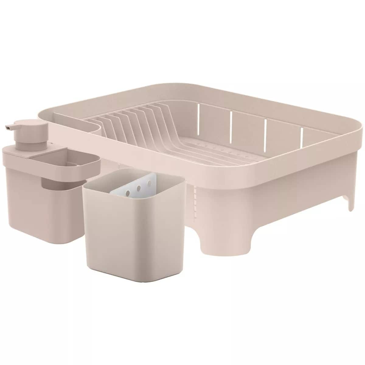 OU - Kitchen Sink Organizer 3pc Set, Dish Rack, Cutlery Drainer & Soap Dispenser Caddy w Sponge Holder - Beige