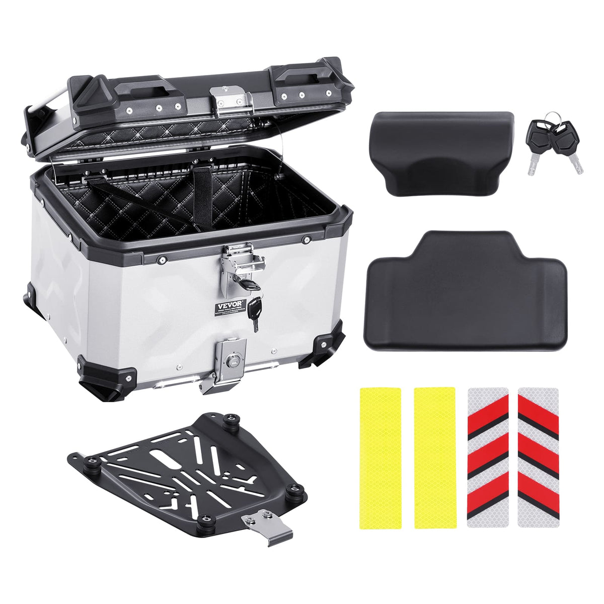 VEVOR - Motorcycle Top Case, Universal Aluminum Alloy Motorbike Tail Box with Leather Lining, 45L Waterproof Detachable - Silver