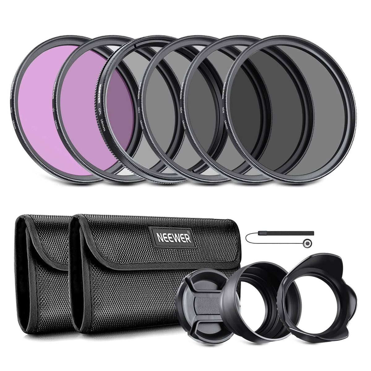 Neewer - 58mm 7-in-1 Camera Filter Kit - Includes UV, CPL, FLD, ND Set & Lens Hood for DSLR