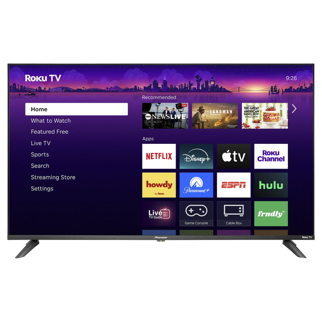 Roku TV  
9:26  
Recommended  

Home  
What to Watch  
Featured Free  
Live TV  
Sports  
Search  
Streaming Store  
Settings  

Apps  
- Netflix  
- Disney+  
- Apple TV  
- Roku Channel  
- howdy  
- Paramount+  
- ESPN  
- Hulu  
- Live TV Guide  
- Game Console  
- Cable Box  
- frndly