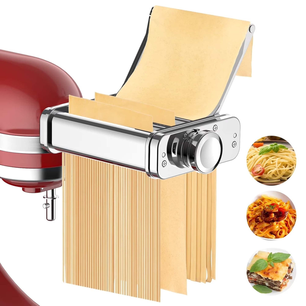 Gvode - 3-in-1 Pasta Attachment Compatible with KitchenAid® All-Metal Roller & Cutters, Cleaning Brush - Silver