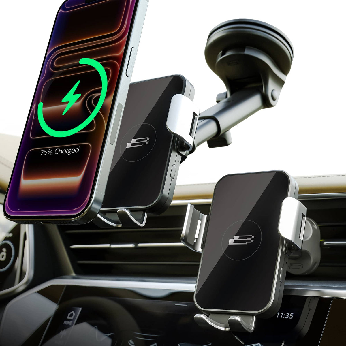 Bracketron - PwrUp Qi Automatic Dash / Window / Vent Mount for Most Cell Phones - Black