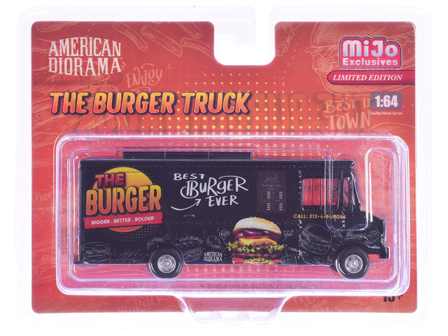 AMERICAN DIORAMA  
ENJOY THE BURGER TRUCK  
MiJo Exclusives  
LIMITED EDITION  
1:64 Diecast-Metal Series  
BEST IN TOWN  
THE BURGER  
BIGGER, BETTER, BOLDER  
BEST BURGER EVER  
CALL: 213-4-B-JRGER  
AMERICAN DIORAMA