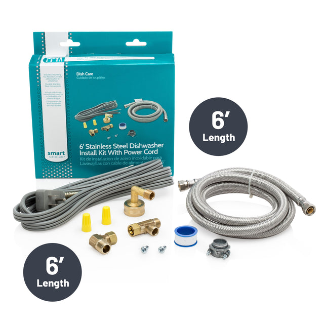 MTT : - :  
Sucmine - and Coee - - Sa Sarmes - ra Dish Care Cundado de los platos - - - - . - - - - - - - Componertn - I - e - - - smart CHOICE .  
6' Stainless Steel Dishwasher Install Kit With Power Cord  
Kit de instalación de acero inoxidable Dara cable de alimentación  
5 Lavavajillas con 6' Length  
Nintocr 6' Length