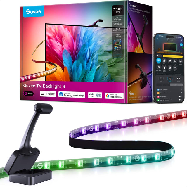 Govee TV Backlight 3

75"-85" TVs

Dual-Camera Color Synchronization

Innovative Colors AI

4K Mixing RGBW Colors

App Control

Works with Alexa, Samsung SmartThings, Google Home

Govee