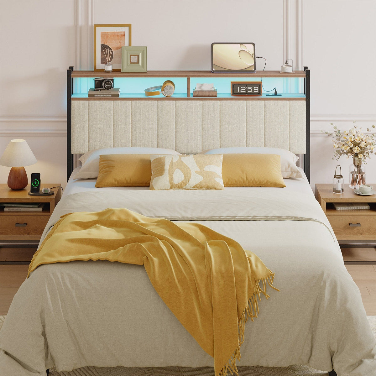 Pinmoco - Linen Upholstered Storage Headboard LED Headboard with Charging Station - Beige