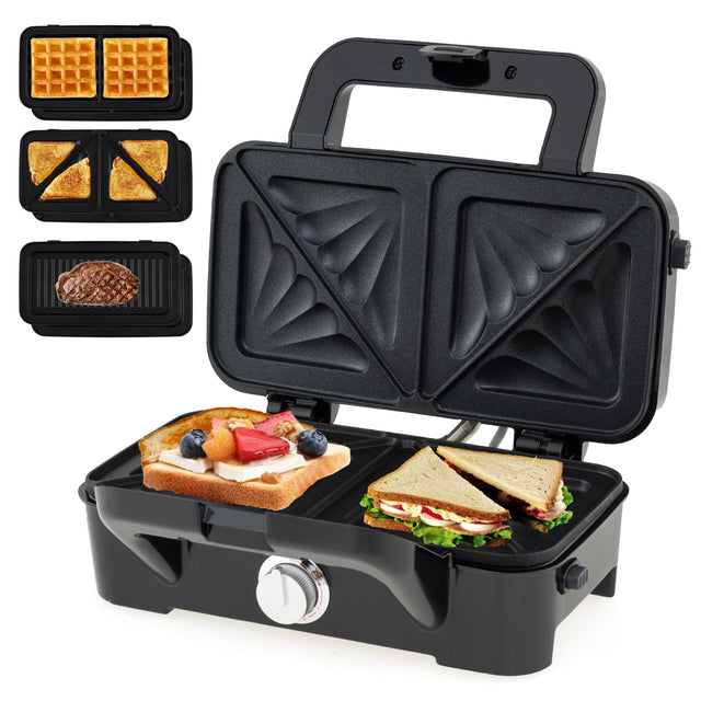 Front. Costway - Costway 3 in 1 Waffle Iron Panini Press Grill and Sandwich Maker Set with Removable Non-Stick Plates & Cool Touch Handle - Black.