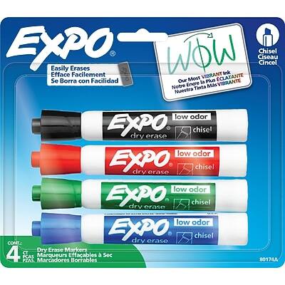 **EXPO**

- Easily Erases
- Efface Facilement
- Se Borra con Facilidad

**WOW**
- Our Most Vibrant Ink Ever!
- Notre Encre la Plus Vibrante!
- Nuestra Tinta Ms Vibrante!

**low odor**
- dry erase
- chisel

**CONT.**
- 4 CT
- 4 UN
- 4 PCAS
- 4 PZAS

**Dry Erase Markers**
- Marqueurs Effaçables à Sec
- Marcadores Borrables

**Chisel**
- Ciseau
- Cincel
- Chisel

**80174A**