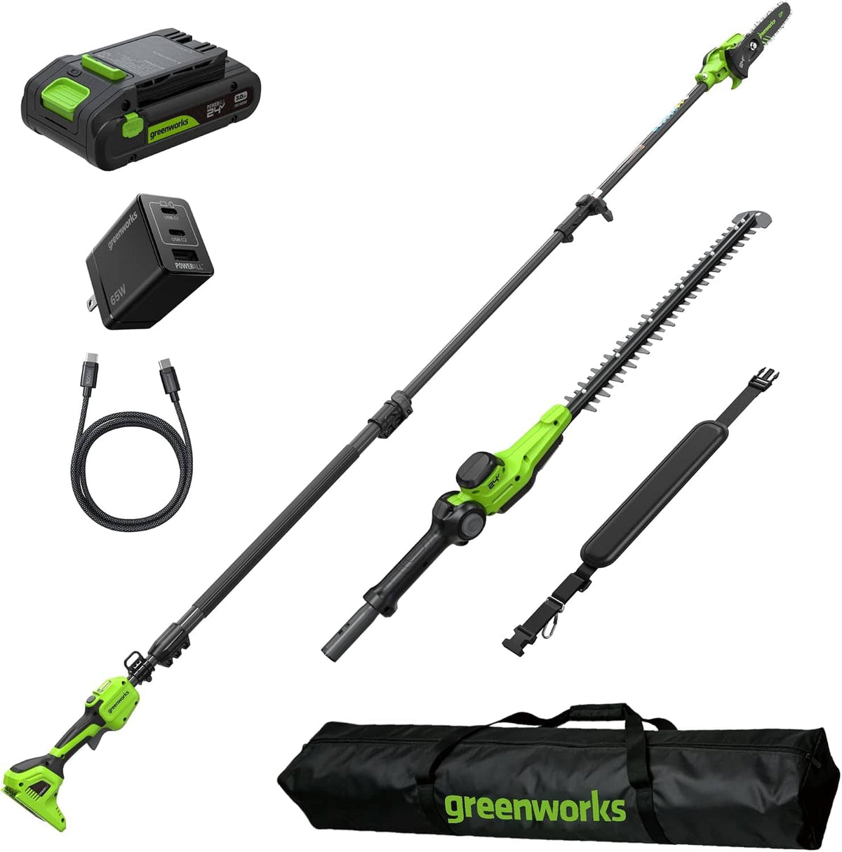 Greenworks - 24V 8" Brushless Telescoping Pole Saw and 20" Pole Hedge Combo Kit, 3Ah Battery and Charger