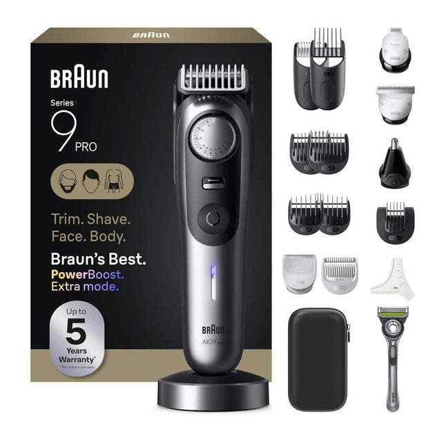 BRAUN  
ProDetal  
BRAUN Series 9 PRO  
1 A C 3. % e + 0 4 2g 9 O V 3 $ g  
15-20  
BRRND ProCentour BRAJO  
Trim. Shave. Face. Body. Braun's Best. PowerBoost. Extra mode.  
9  
5 BODY 200  
Up to 5 Years Warranty *T&Con Braun.com apply  
BRAUR AIO9 PRO  
Callette