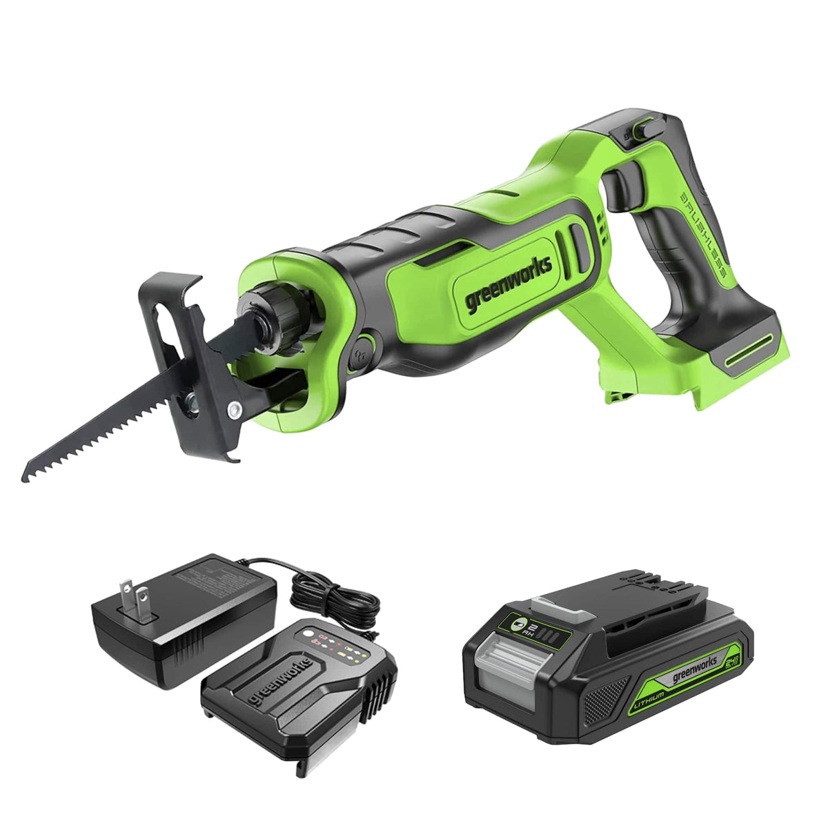 Greenworks - 24V 1" Brushless Reciprocating Saw - 2.0Ah Battery and Charger