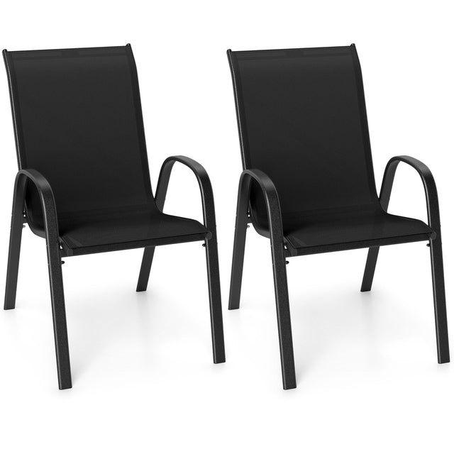 Front. Gymax - Gymax Set of 2 Patio Dining Chairs Stackable Armrest Space Saving Garden Black - Black.