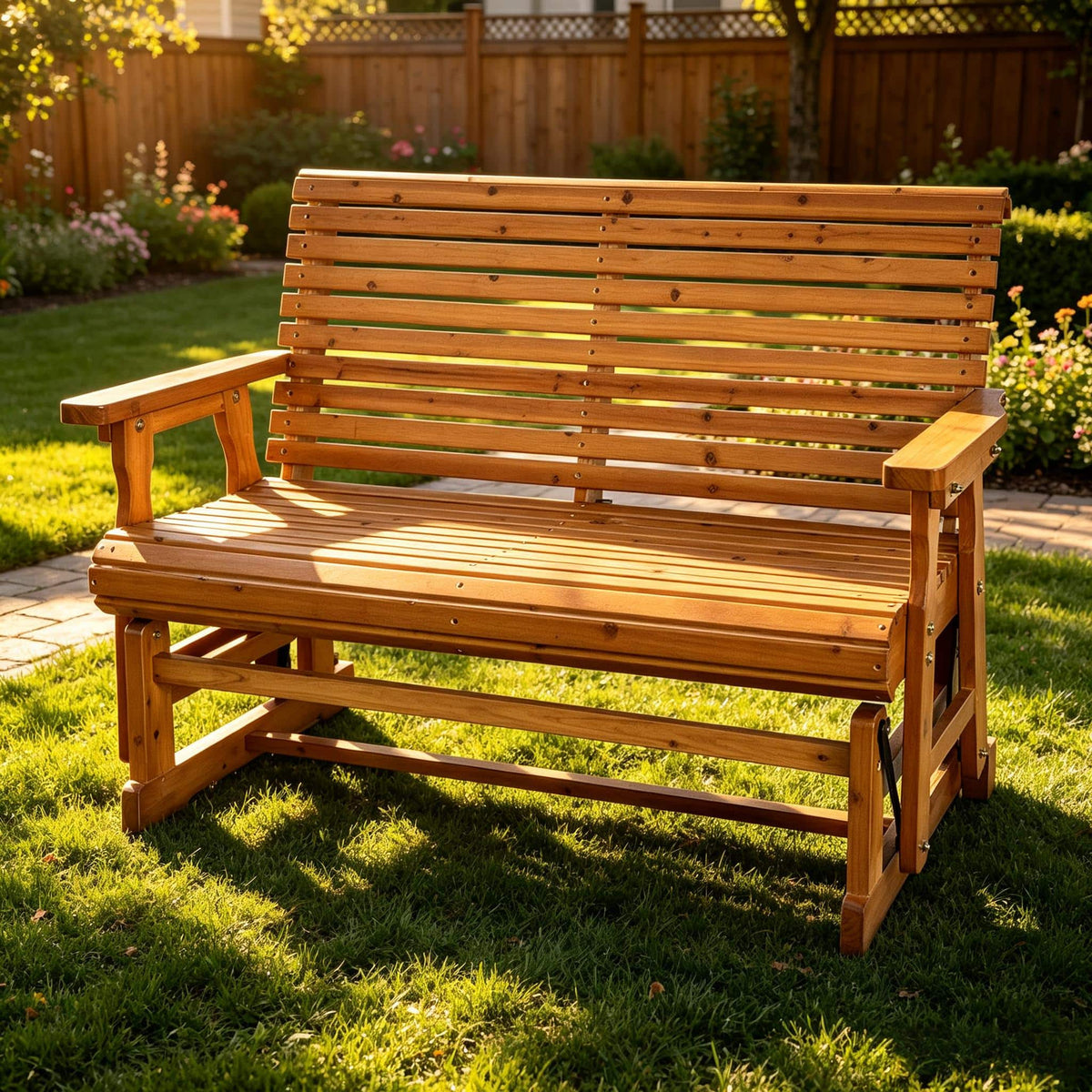 Fortune Candy - Outdoor Wooden Glider for 2 Person, Heavy Duty 800 LBS Porch Glider for Garden Yard - Teak Tone