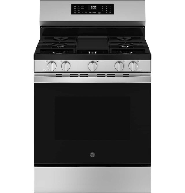 Front. GE - 5.3 Cu. Ft. Freestanding Gas Convection Range with Steam Cleaning and EasyWash Oven Tray - Stainless Steel.