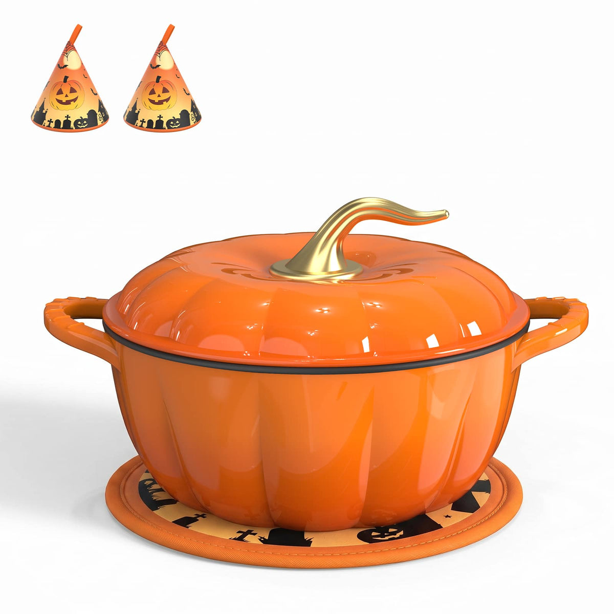 Winado - 7.5 QT Pumpkin Shaped Cast Iron Dutch Oven with Lid, Matching Halloween Fabric Pot Mat, Oven Mitts for Cooking, Braising - Orange & Gold