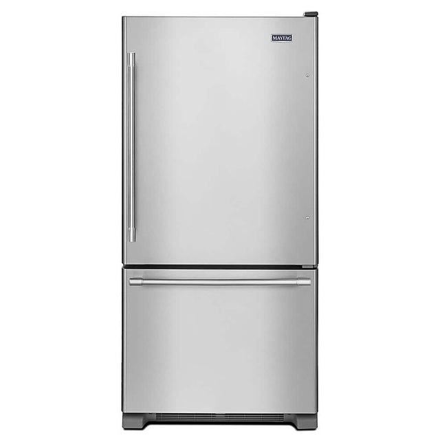 Front. Maytag - 22 Cu. Ft. Bottom-Freezer Refrigerator with Humidity-Controlled FreshLock Crispers - Stainless Steel.
