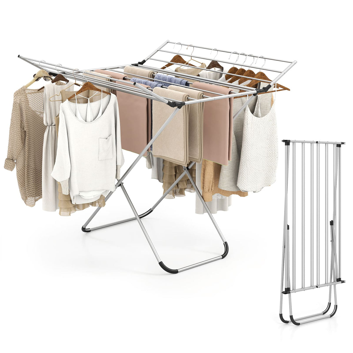 Gymax - Folding Aluminum Clothes Drying Rack w/2 Side Wings for Clothes Towels Underwear - Silver