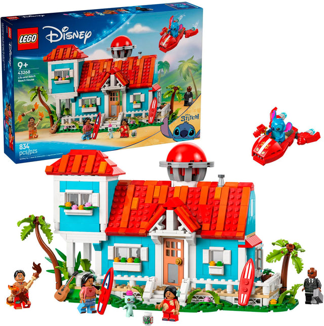 A Lego Disney set featuring Stitch and the Beach House. It has 834 pieces and is suitable for ages 9+.