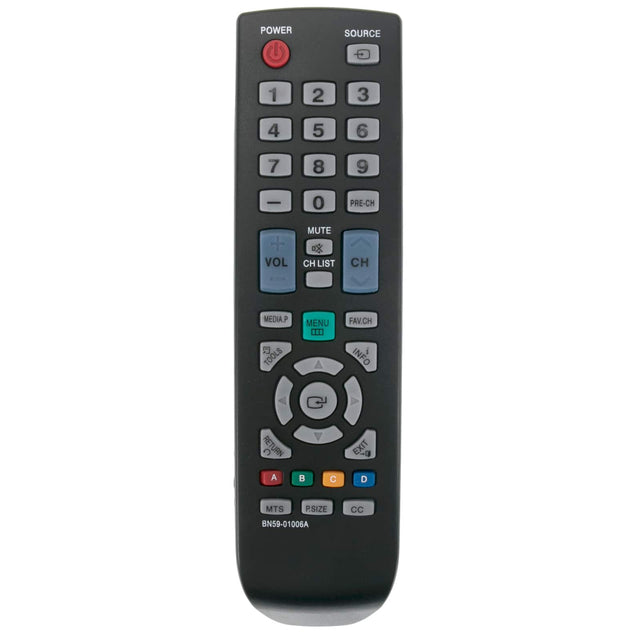POWER SOURCE 1 2 3 4 5 6 7 8 9 - 0 PRE-CH + VOL MUTE CH LIST CH MEDIA.P TOOLS MENU ... FAVCH INFO RETURN A C EXIT D MTS P.SIZE CC BN59-01006A