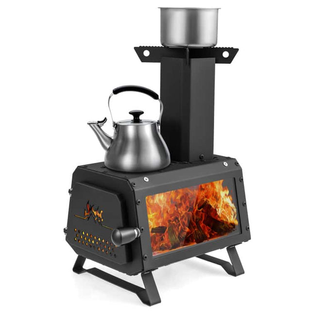 Front. Mondawe - Patented Portable Wood Camping Burning Stove Heater Tabletop Fire Pit with 2 Cooking Positions - Black.