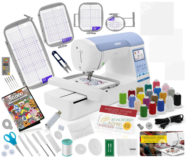 Brother - PE900 Embroidery Machine Ultimate Bundle - Includes 4 Hoops, 20 Premium Threads, Stabilizer Sheets & More - White