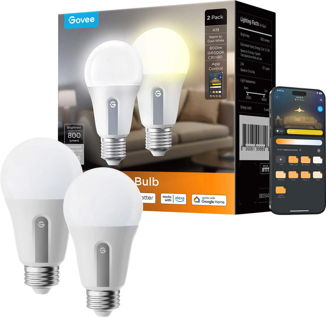 Govee 2 Pack A19 Warm to Cool White 800lm @6500K CRI>80 App Control  
Lighting Facts by 3 Brgtes 800 unes Estimated Toary Beed Sreg Cost 36 a Chita Uor S Tpm a Ute I B 1 Bead dr  Light pwrancn Tom Dol T 200K BXK Ewg e hel E 4 - t . Brightness 800 lumens istimated CF Coot 6 : 50061 99869 3 a 1 -a Bulb IFTTT tter works alexa with works with Google Home B80I5A

- 2 Pack
- A19
- Warm to Cool White
- 800lm
- @6500K
- CRI>80
- App Control
- Brightness 800 lumens
- Estimated Energy Cost $1.36/year based on 3 hours