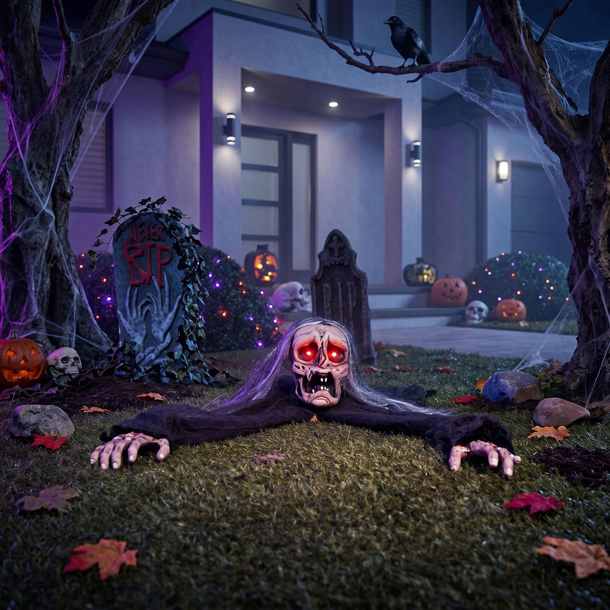 Joyfy - Halloween Zombie Groundbreaker Decoration – Scary Animated Zombie with Glowing Eyes & Sound for Yard, Garden Displays - Black