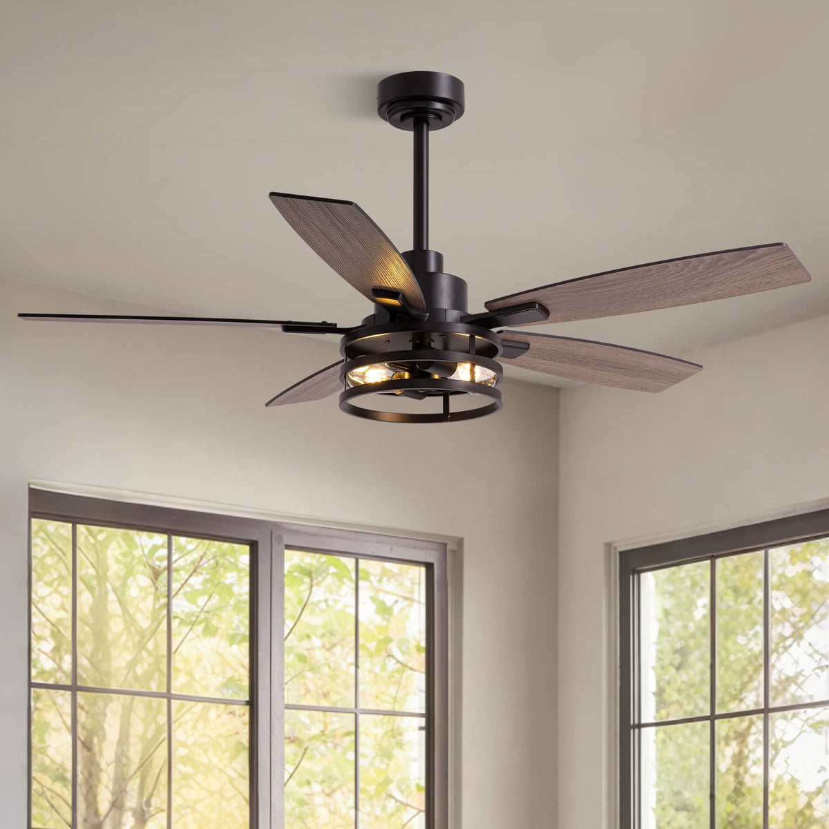 Siljoy - 52 Inch Caged Farmhouse Ceiling Fan with Lights & Remote for Bedroom, Living Room & Patio Indoor/Outdoor - Black
