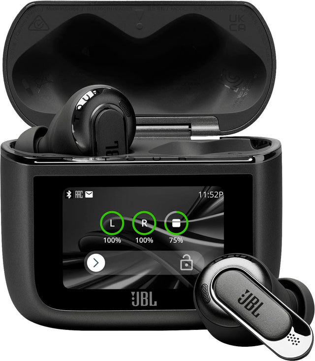 The image shows a JBL Bluetooth headset with a black case and a screen displaying the battery life. The headset is designed to work with a smartphone, and it is compatible with the Tourpao Pro model. The headset is made in China and features Bluetooth technology, allowing users to enjoy wireless connectivity. The headset is currently at 100% battery life, ensuring that users can enjoy their music or calls without any interruptions.