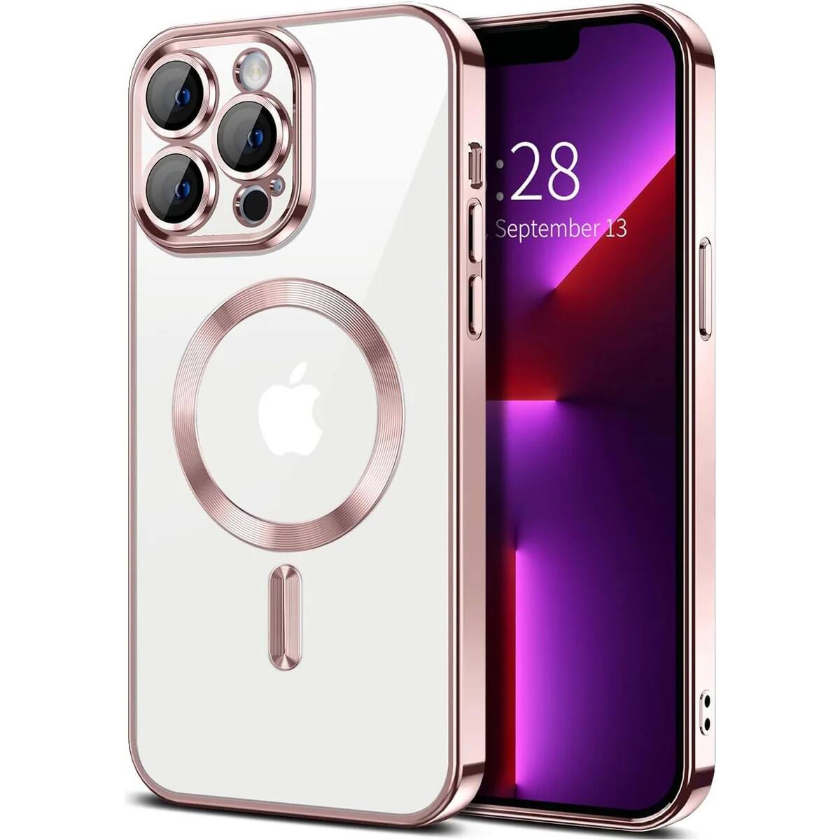 Entronix - [Magnetic] Case Compatible with iPhone 13 Pro Max - [Clear Back] Luxury Glossy Cover - Pink