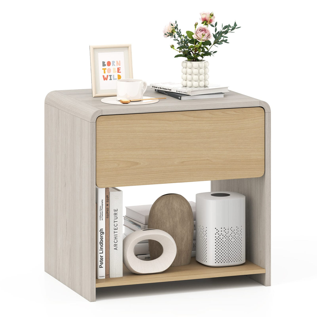 Gymax - Modern Style Nightstand 2-Tier Sofa Side Bedside Table w/ Drawer & Open Shelf - Oak, Natural