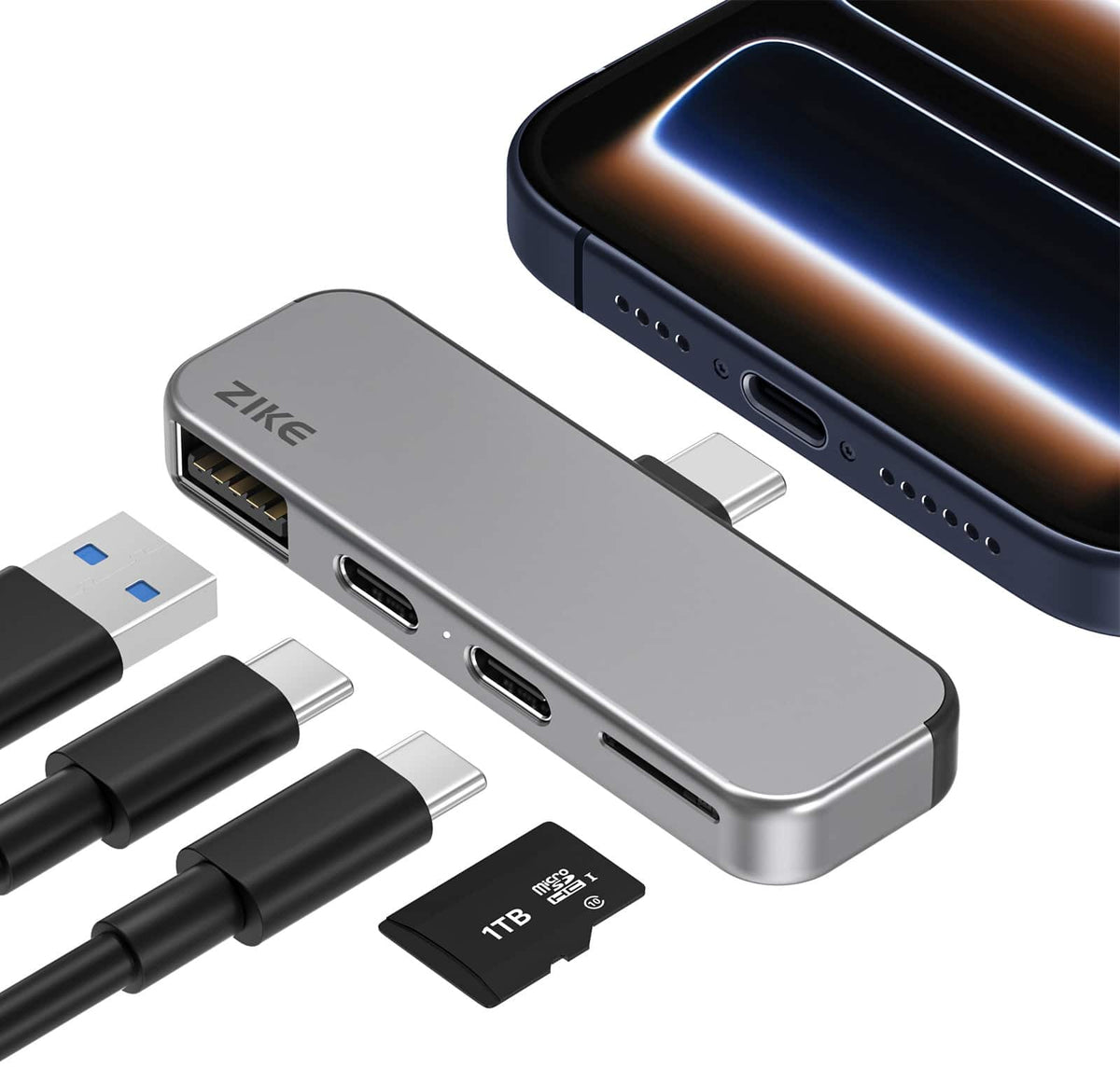 Zike - Z806 USB-C Extender for iPhone 17/16/15, 4-in-1 10Gbps Adapter with USB-A, MicroSD Card Reader, 27W Fast Charging - Gray