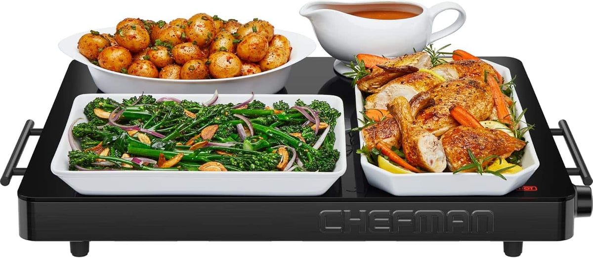 Chefman - Electric Warming Tray w/ Adjustable Temperature Control, 21” x 16” Glass-Top Surface - Black