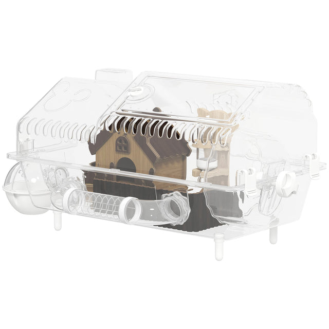 Front. Pawhut - Cage with Large Wheel & Hideout, Small Animal Habitat with Accessories, Clear Pet House - Clear.