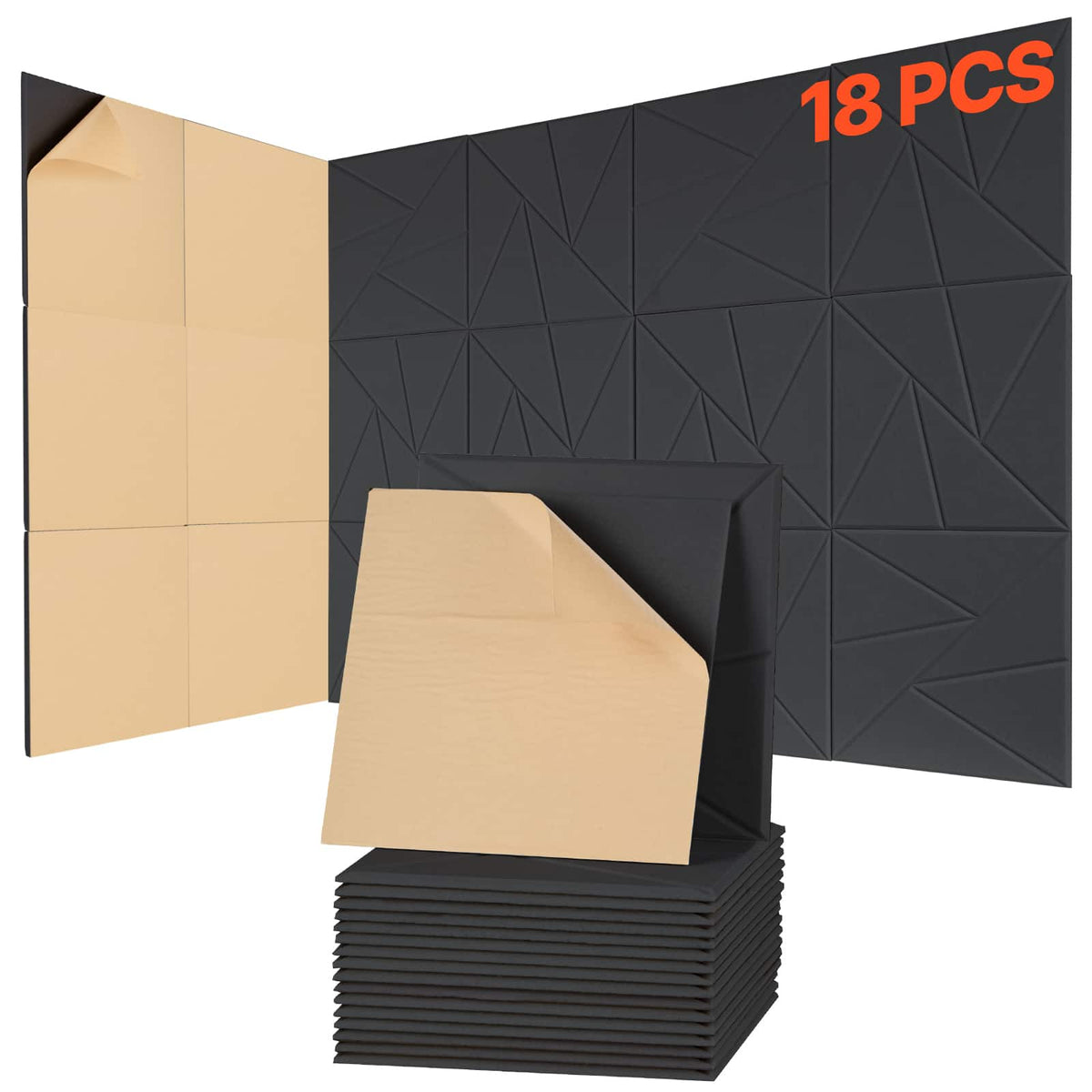 VEVOR - 18 Pack Acoustic Panels with Self Adhesive, 11.8 x 11.8 x 0.4 inch Sound Proof Foam Panels, Polyester Fiber Soundproof - Black