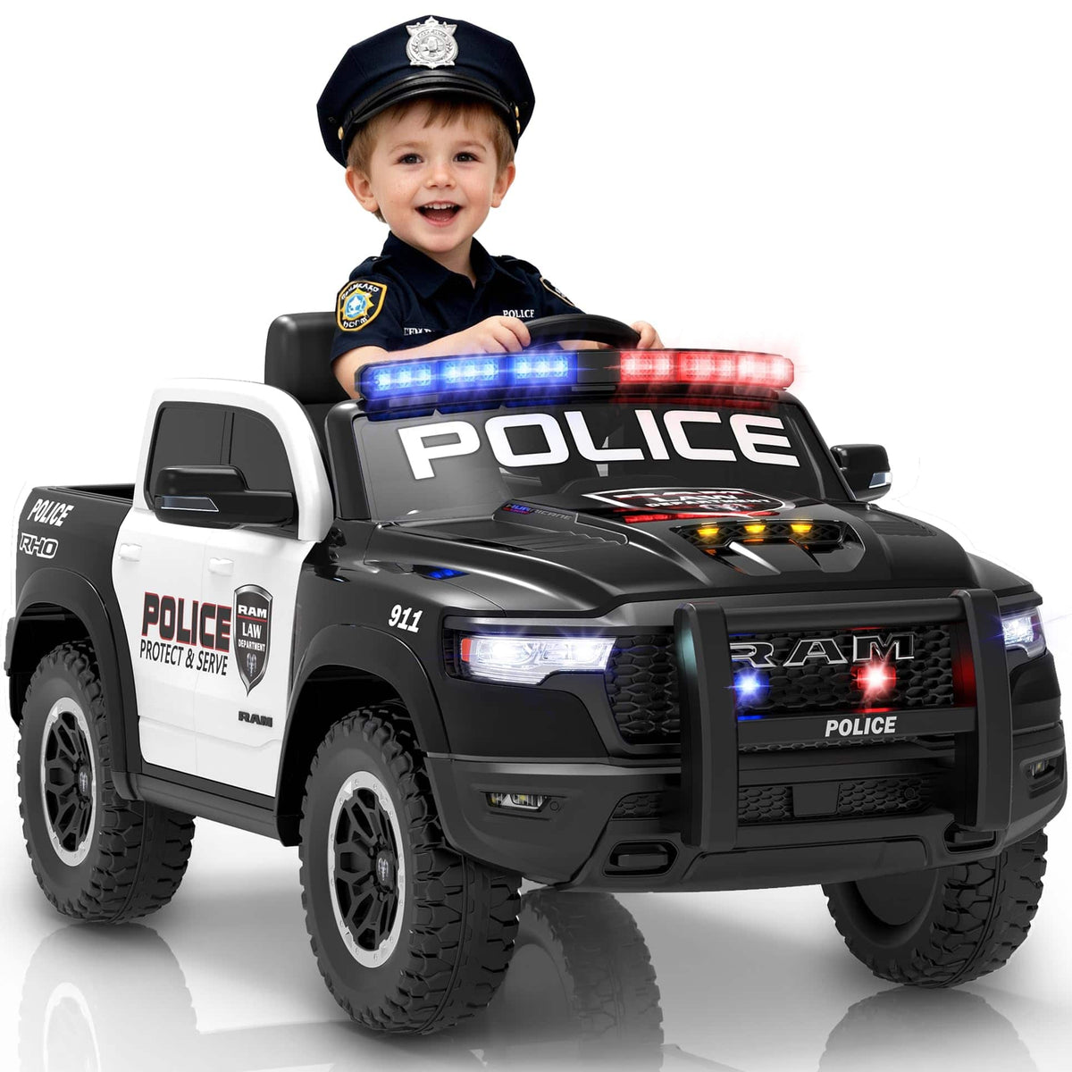 FIRST RIDE ON - 12V Police Car Ride on Toy, Licensed RAM 1500 RHO Electric Car W/Parent Remote, Alarm Light,Siren,Front Bumper,Bluetooth - Black