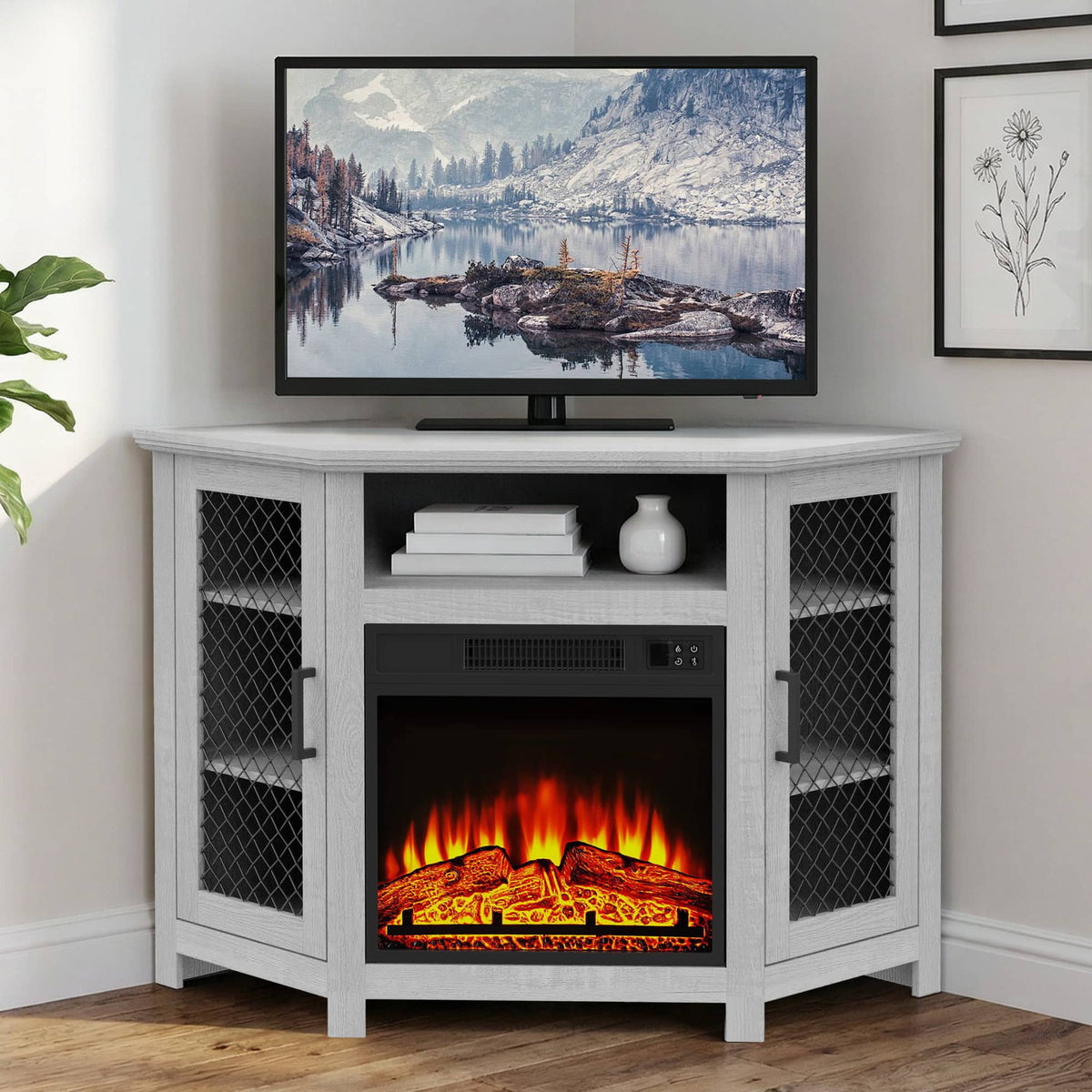 Ihomeadore - 45" Modern Farmhouse Corner Electric Fireplace TV Stand Media Console Table For TVs Up To 55" With 18" Fireplace - Gray
