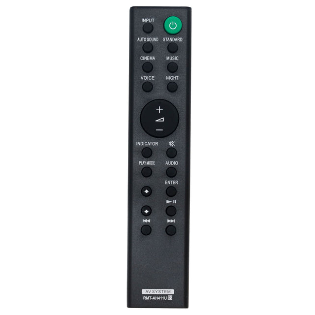 INPUT AUTO SOUND STANDARD CINEMA MUSIC VOICE NIGHT + A - INDICATOR PLAY MODE AUDIO ENTER I H VA SYSTEM RMT-AH411U