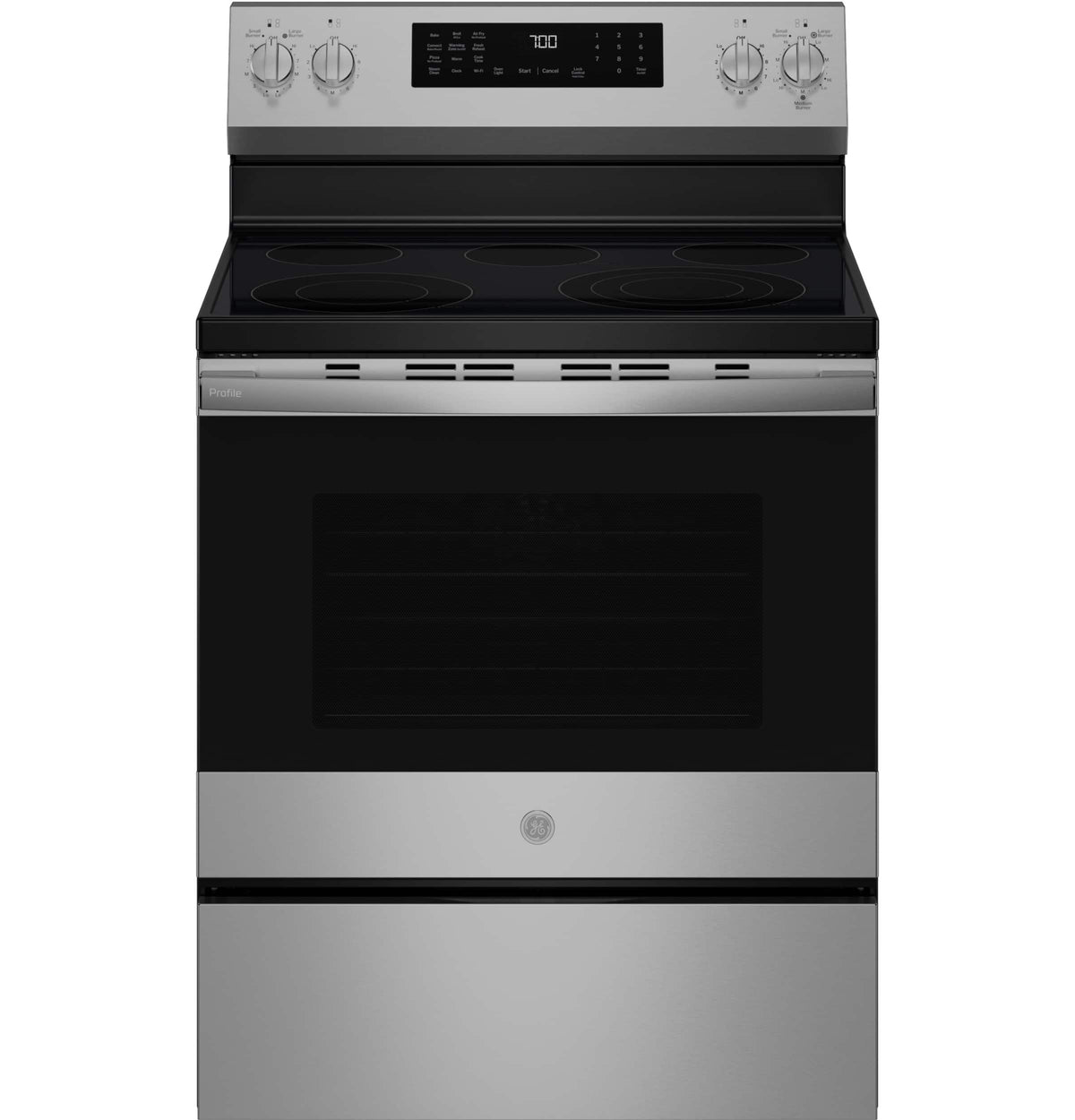 GE Profile - 30" Wide 5 Elements 5.3 Cu. Ft. Freestanding Electric Convection Range w/ Steam Clean, Air Fry, and EasyWash Oven Tray - Stainless Steel