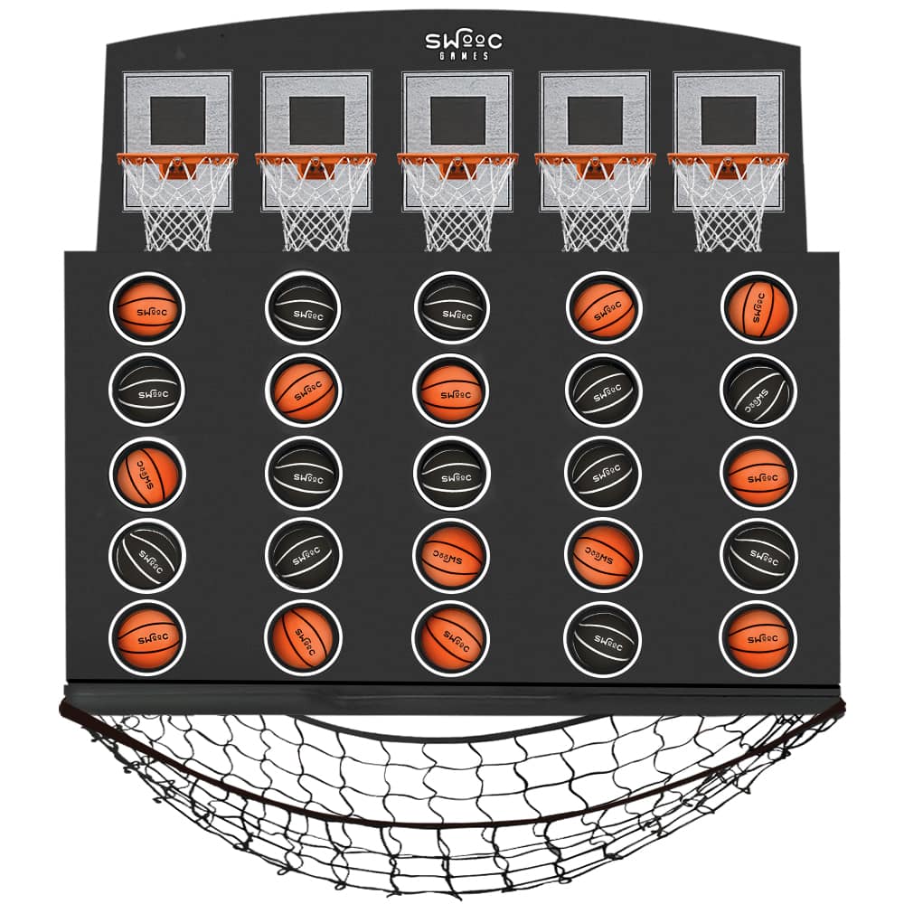 Swooc Games - Low Post Lineup - Wall Mounted Giant Basketball 4 In a Row w/ 5+Games - Basketball Hoop For Room Wall Games - Mini Hoop - Black