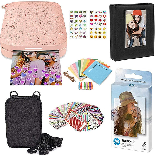 Front. HP - Sprocket Portable Photo Printer Gift Bundle with 2"x3" Zink Photo Paper,  Deluxe Case, Album & More! - Pink.