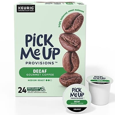KEURIG GENUINE KCUPPODS

Pick Me Up Provisions™

Decaf Gourmet Coffee
Medium Roast

Bright, smooth, sweet molasses

24 Recyclable K-Cup Pods

Pick Me Up Provisions™
Decaf Gourmet Coffee
Medium Roast
