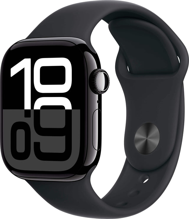 Angle. Apple - Geek Squad Certified Refurbished Apple Watch Series 10 (GPS+Cellular) 42mm Aluminum Case with Black Sport Band - S/M - Jet Black.