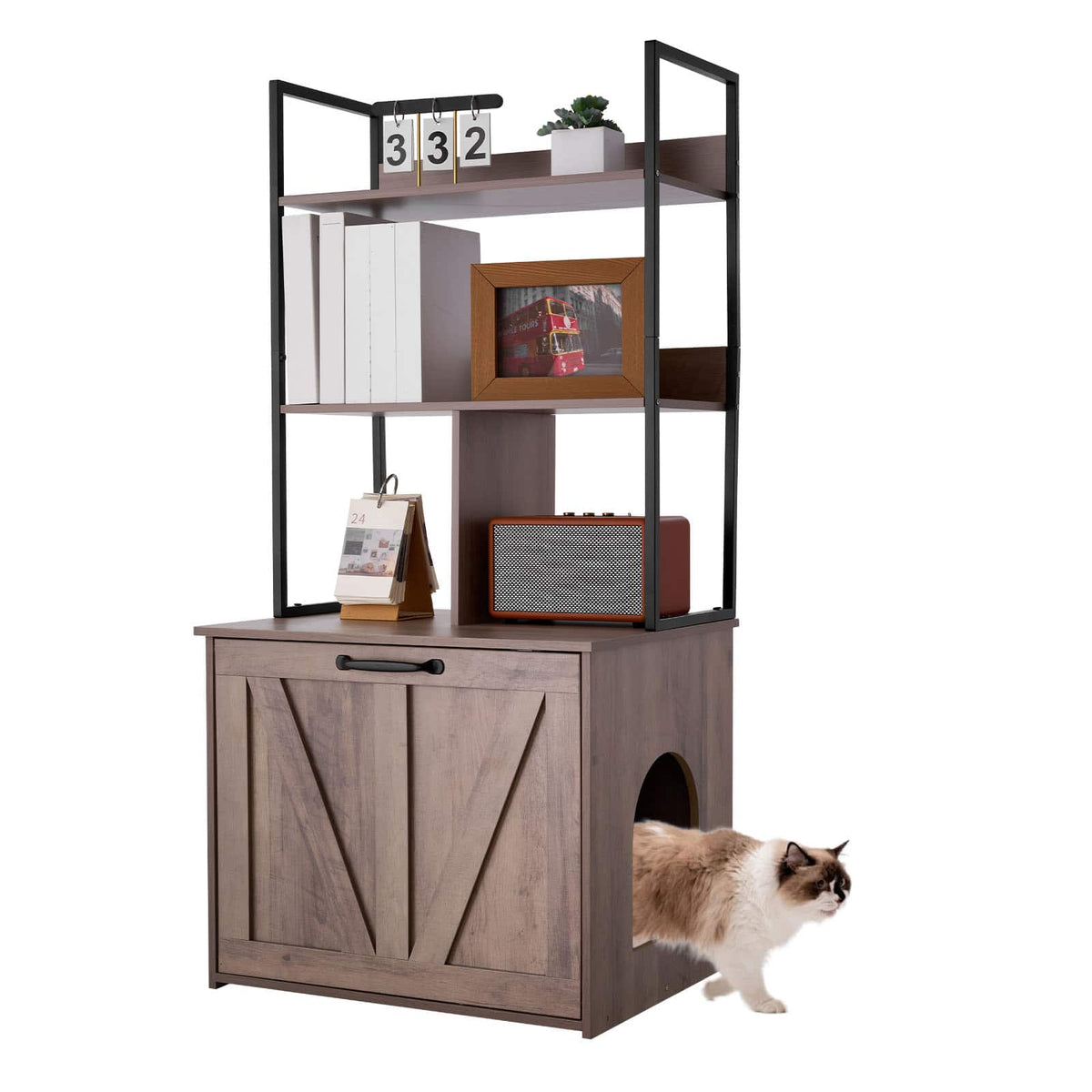 VEVOR - Cat Litter Box Enclosure Furniture, 23.6 in Hidden Litter Box Cabinet with Storage Shelves, Modern Style - Grey+Black