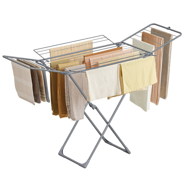 Front. Songmics Home - Clothes Drying Rack, Metal Laundry Drying Rack, Foldable, Space-Saving, Free-Standing Airer, with 4 Gullwings - Gray.
